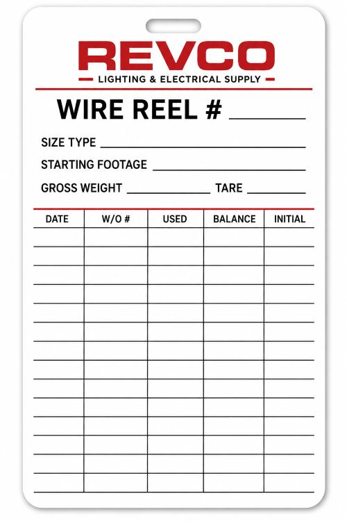 Wire reel tag showing part number, product type, and packaged length